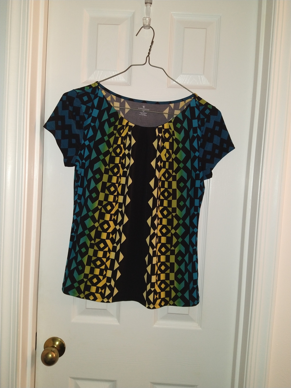 Worthington Black Short Sleeve Top with Blue, Green & Yellow Geometric Print